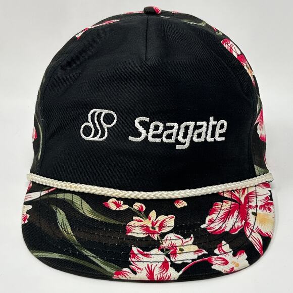 Vintage 80s Seagate Floral Hat Cap Computers Technology Hawaiian Snapback Black - Picture 9 of 9